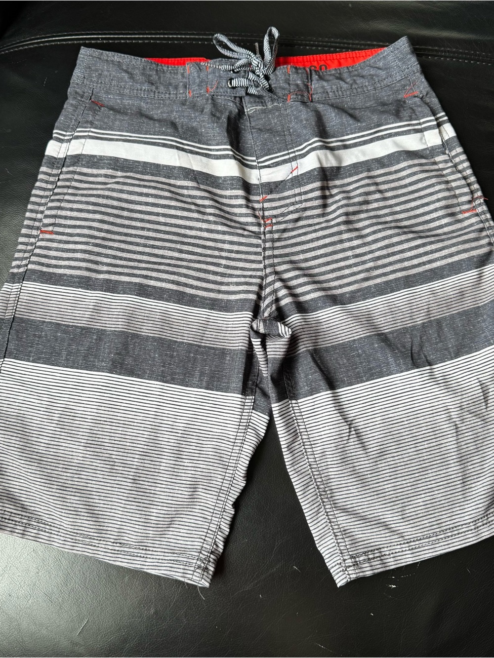 Mossimo Supply Co. Gray & White Striped Men's Swim Board Shorts with Red Accents